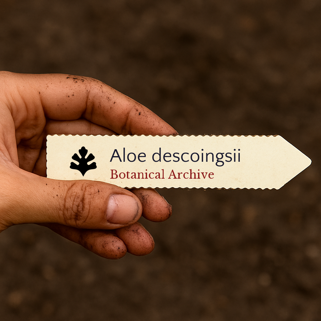 Etichetta per pianta stampata per Aloe descoingsii tenuta da una mano sporca contro uno sfondo di terreno