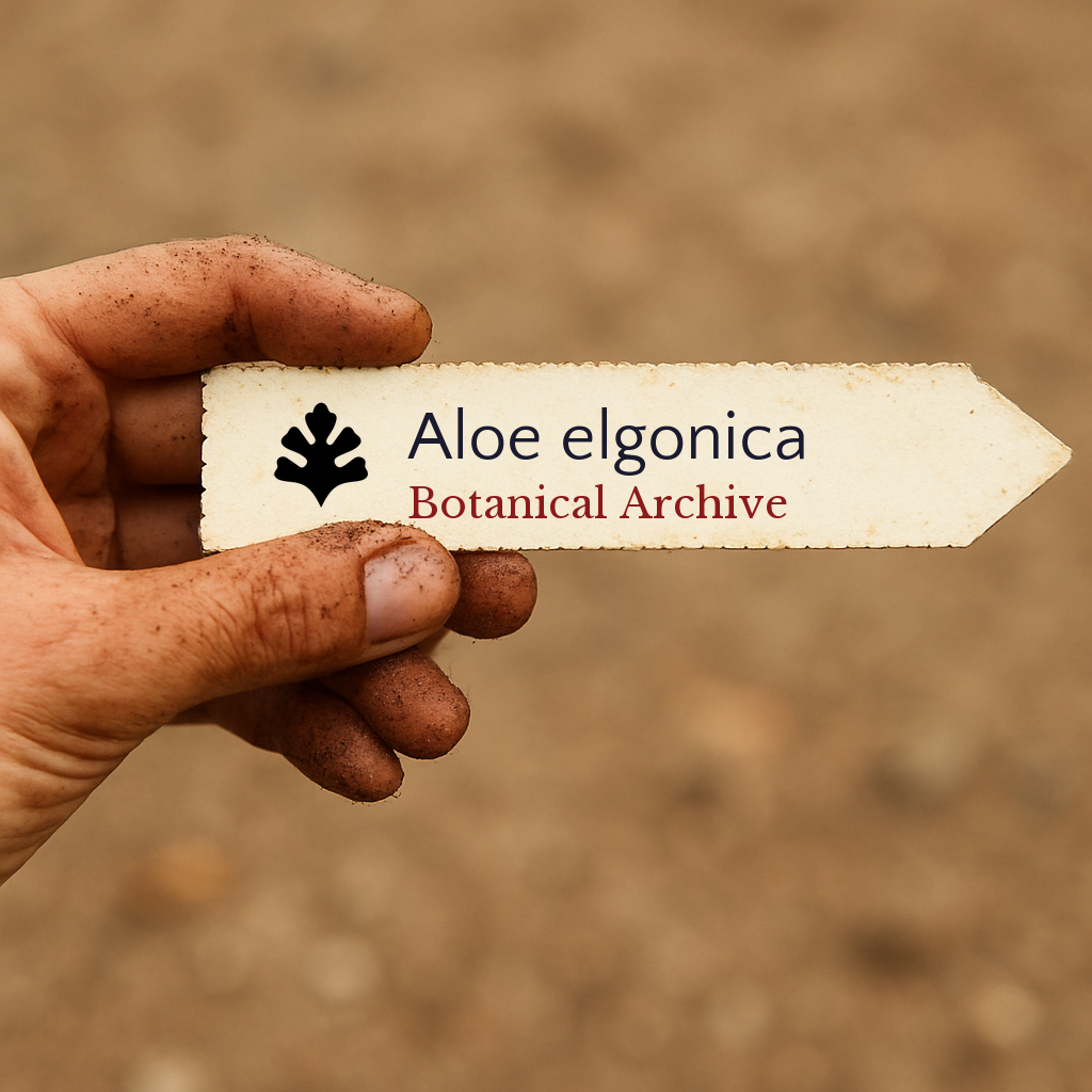 Etichetta stampata per pianta di Aloe elgonica tenuta da mano sporca contro sfondo di terreno