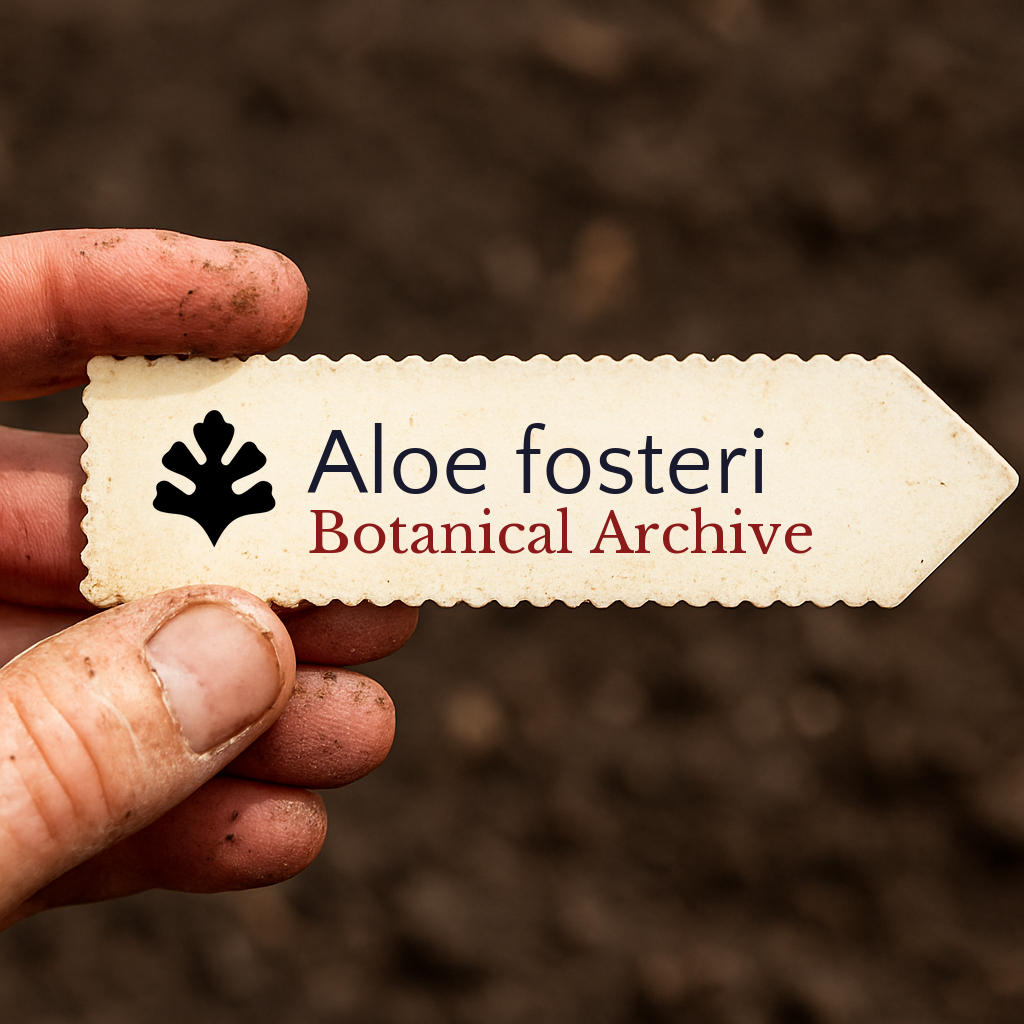 Etichetta stampata per pianta Aloe fosteri tenuta da mano sporca su sfondo di terreno