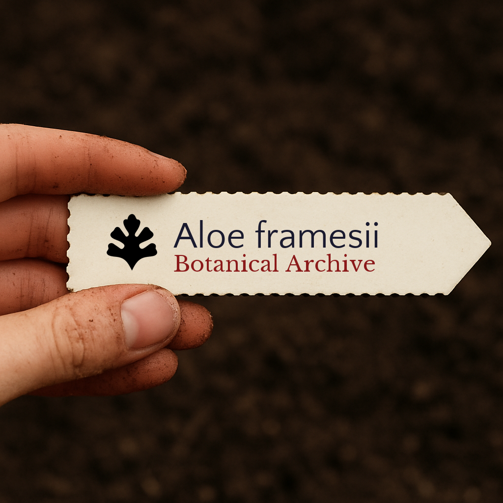 Printed plant label for Aloe framesii held over soil background