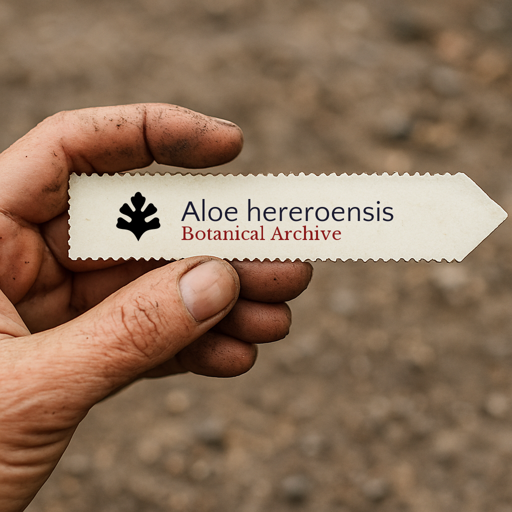 Printed plant label for Aloe hereroensis held by dirty hand with blurred soil background