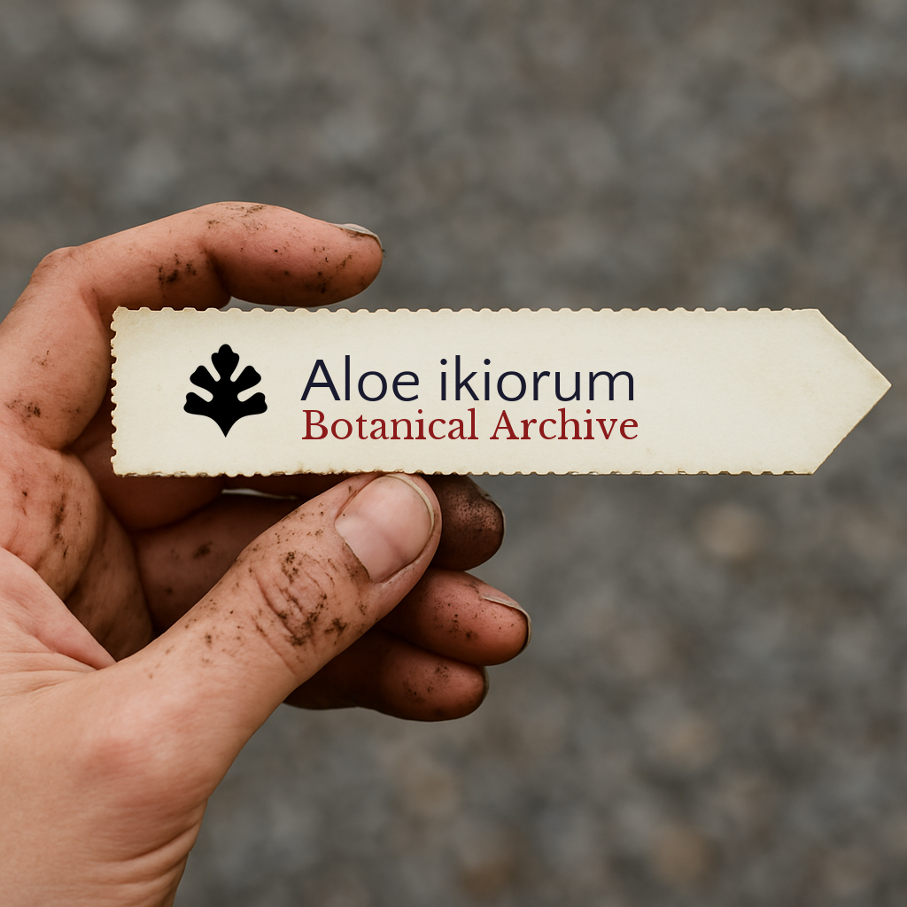 Etichetta stampata per pianta di Aloe ikiorum tenuta da una mano sporca all'aperto