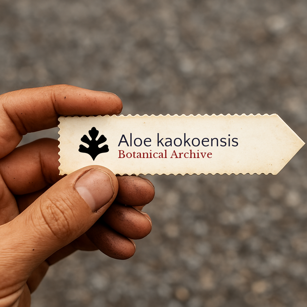 Etichetta per pianta stampata per Aloe kaokoensis tenuta in mano con sfondo sfocato