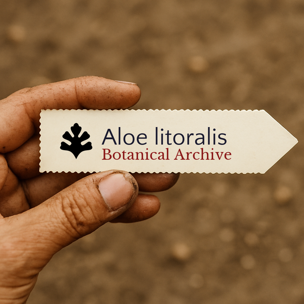Etichetta per pianta stampata per Aloe litoralis tenuta a mano con sfondo di terra
