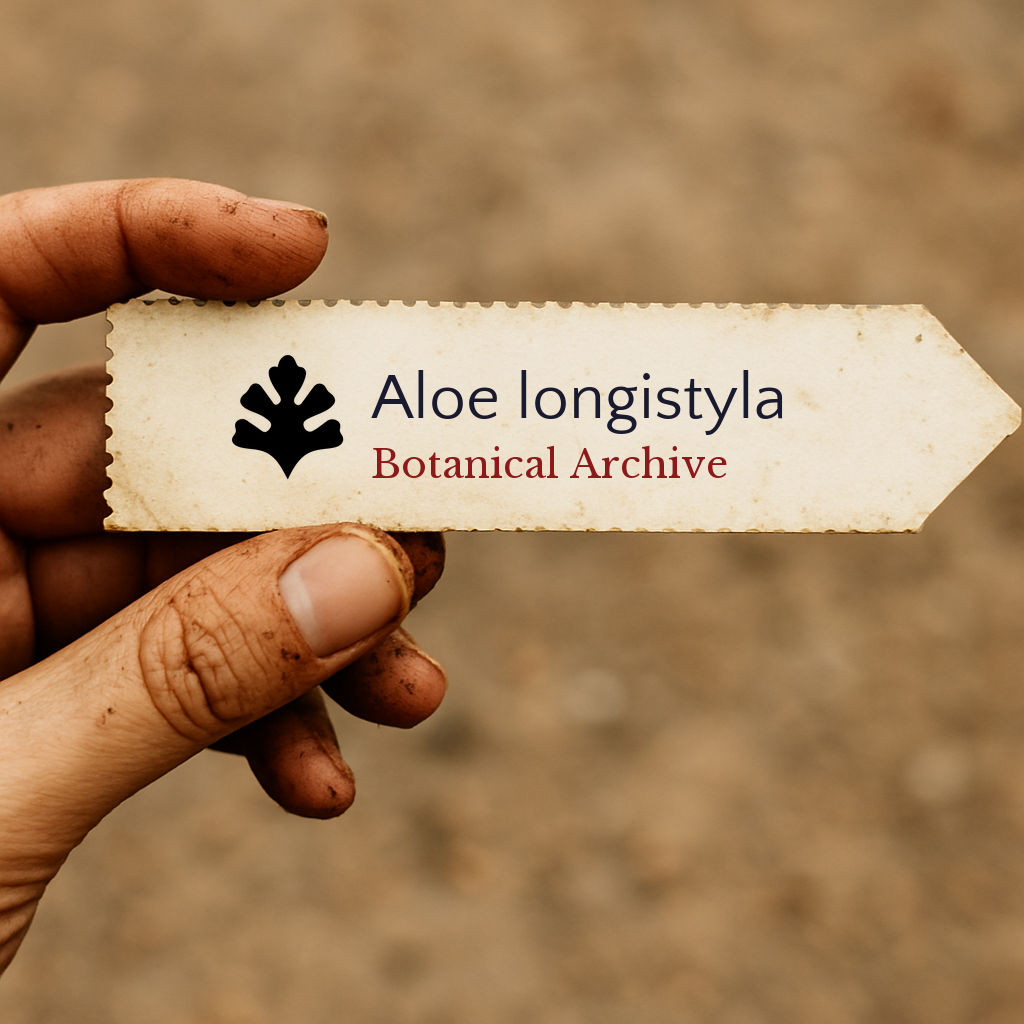 Printed plant label for Aloe longistyla held by hand with dirt background
