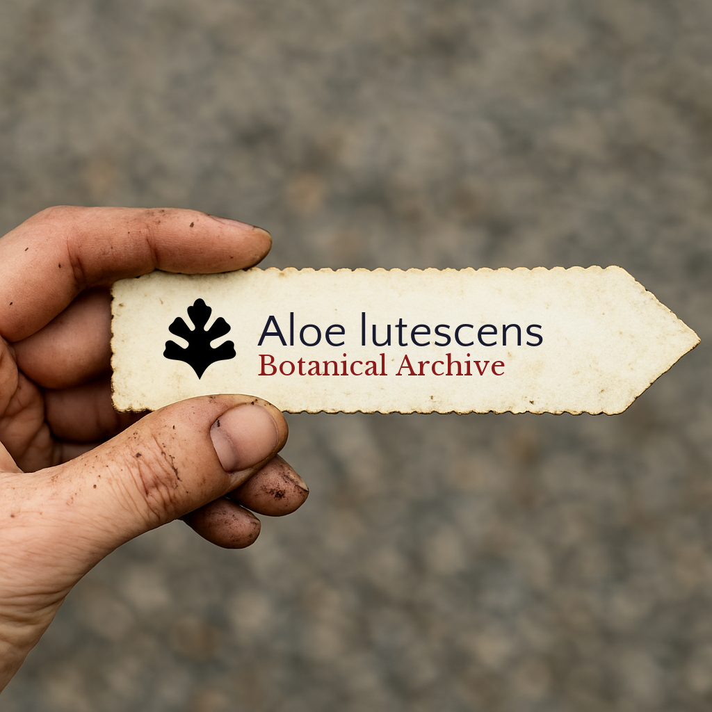 Printed plant label for Aloe lutescens held by hand with dirt background