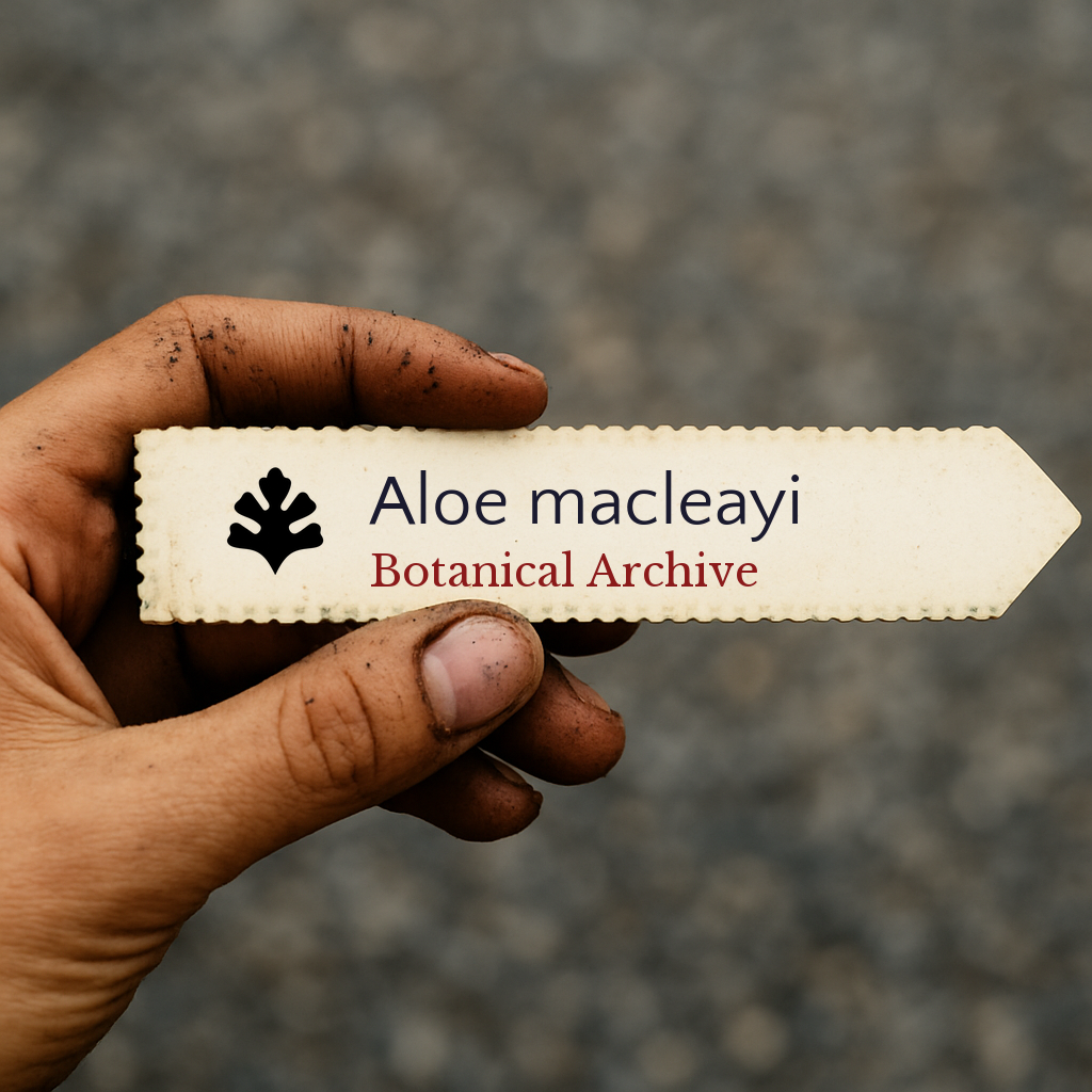 Printed plant label for Aloe macleayi held by hand with soil on fingers