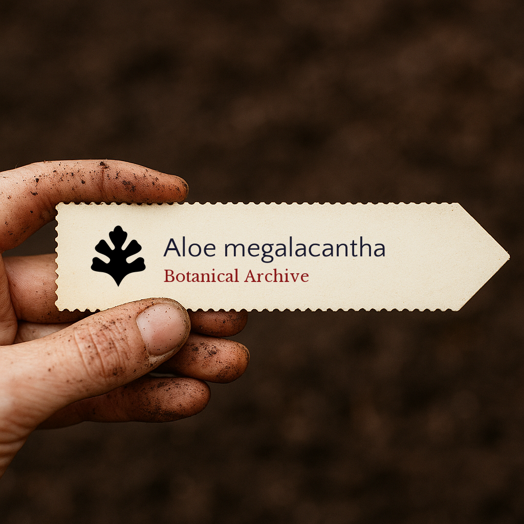 Printed plant label for Aloe megalacantha held by dirty hand against soil background