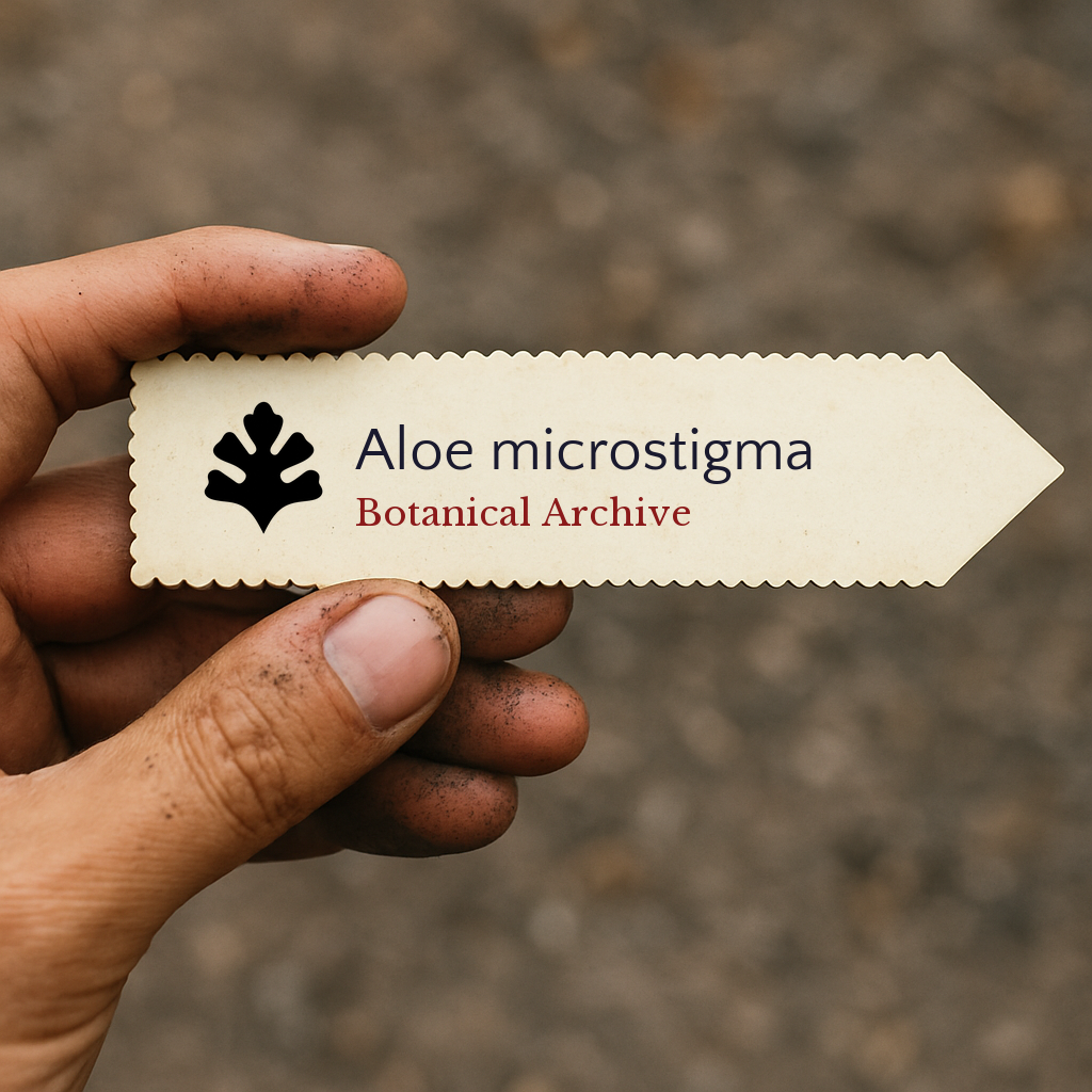 Etichetta stampata per pianta di Aloe microstigma tenuta a mano con sfondo di terreno