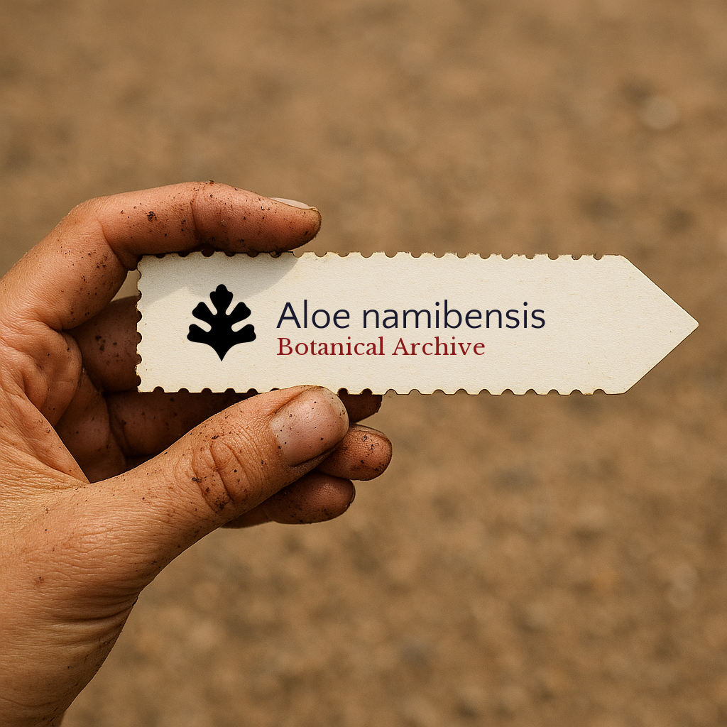Plant label for Aloe namibensis with botanical archive text held by dirty hand