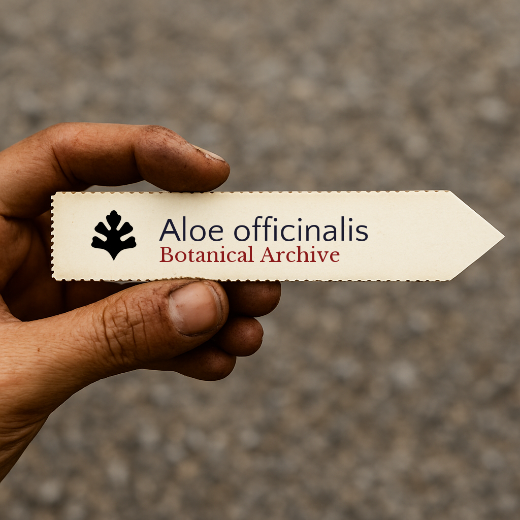 Etichetta stampata per pianta di Aloe officinalis tenuta a mano con il logo di Botanical Archive