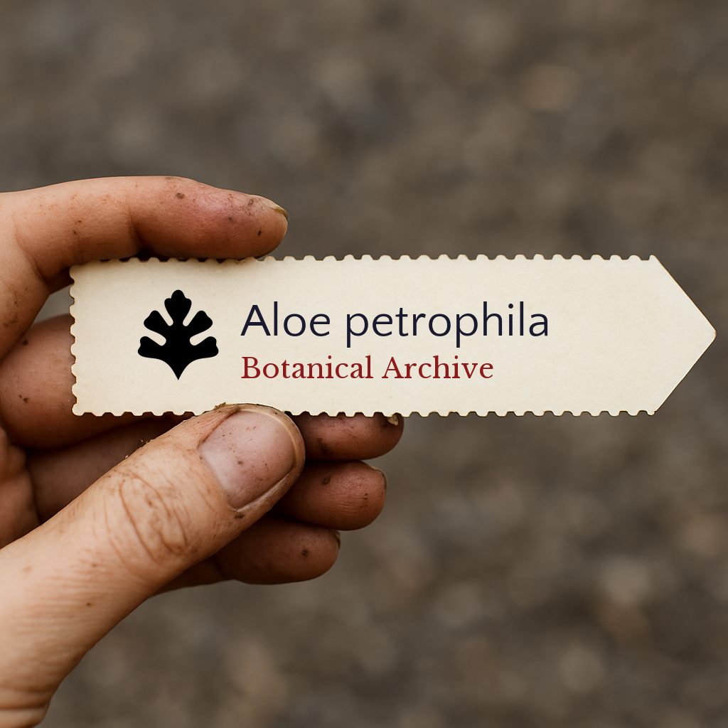 Etichetta per pianta stampata per Aloe petrophila tenuta in mano con sfondo di terra