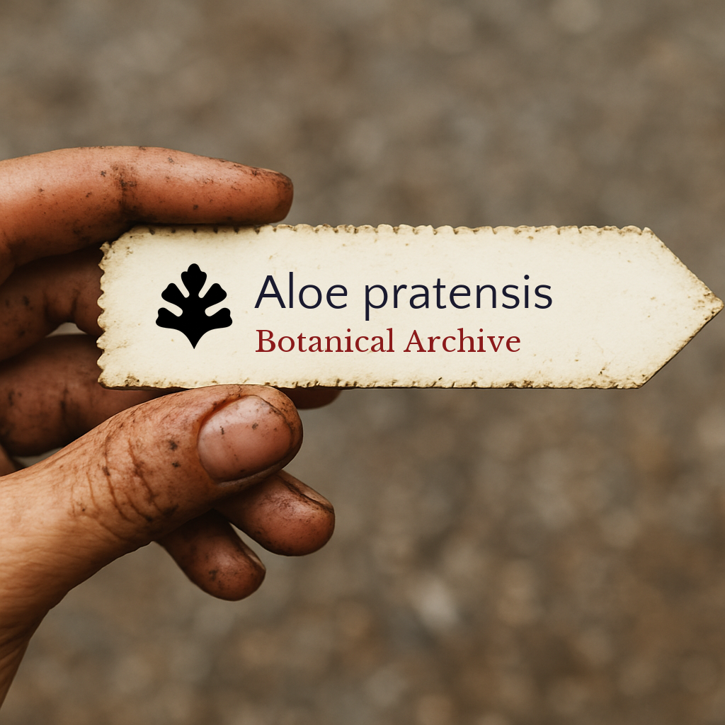 Printed plant label for Aloe pratensis held by dirty hand outdoors