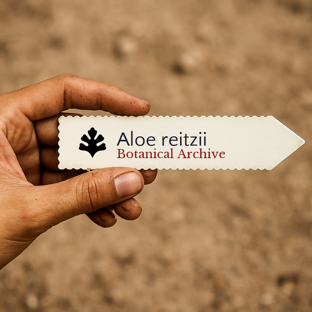 Etichetta per pianta stampata per Aloe reitzii tenuta in mano con sfondo semplice