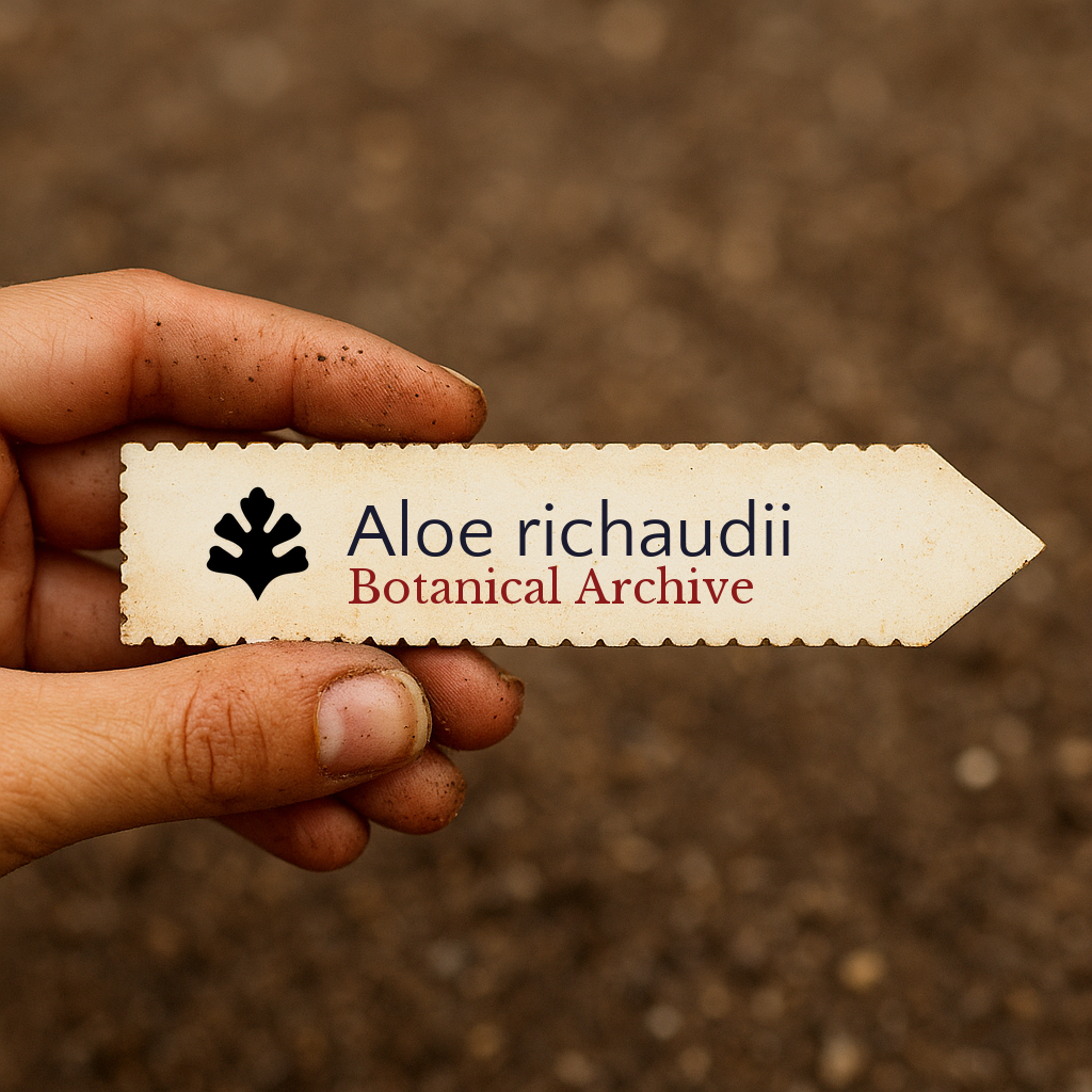 Printed plant label for Aloe richaudii held over soil background
