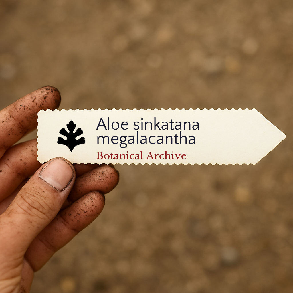 Etichetta per pianta stampata per Aloe sinkatana megalacantha tenuta da mano sporca su sfondo di terreno
