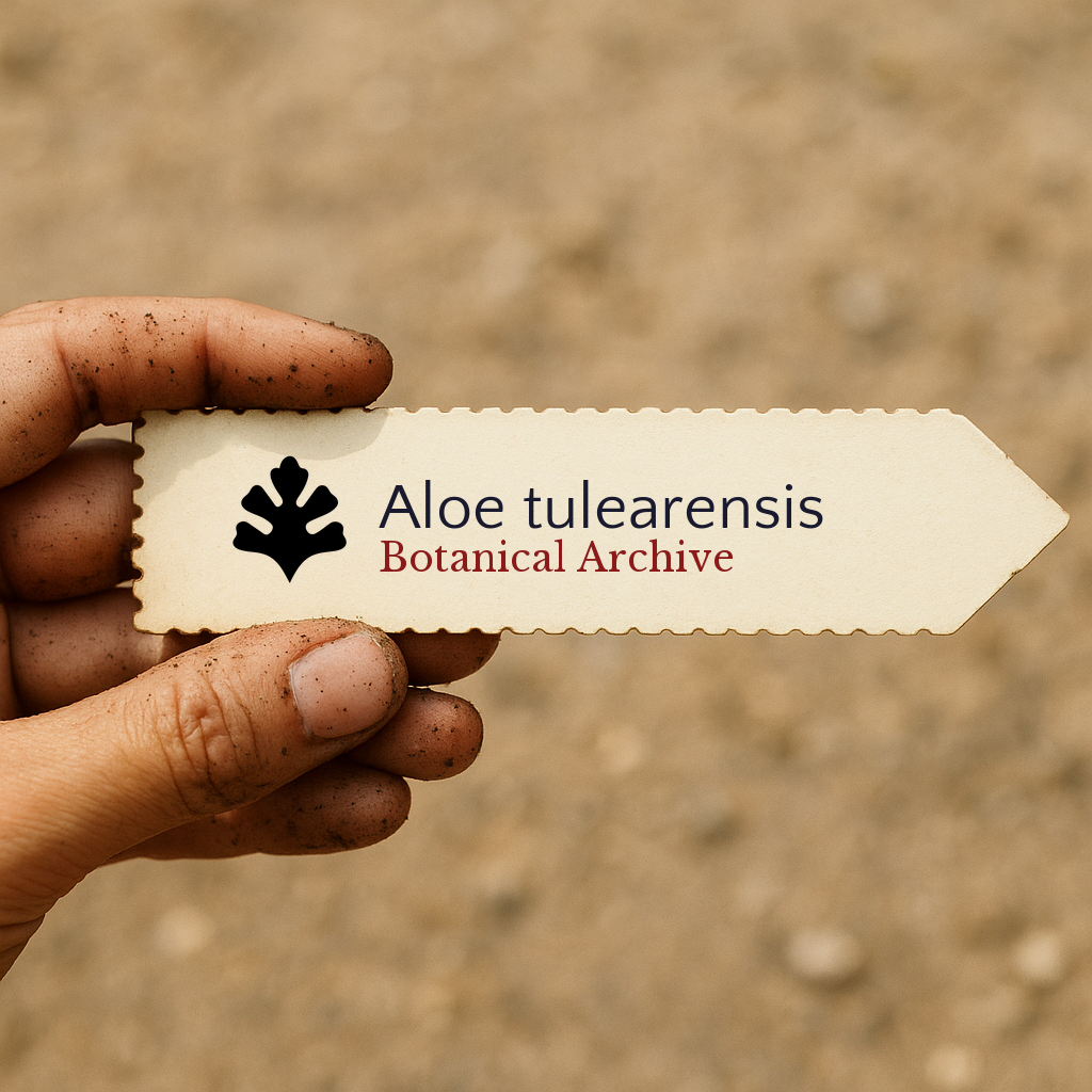 Printed plant label for Aloe tulearensis held by hand with soil on fingers
