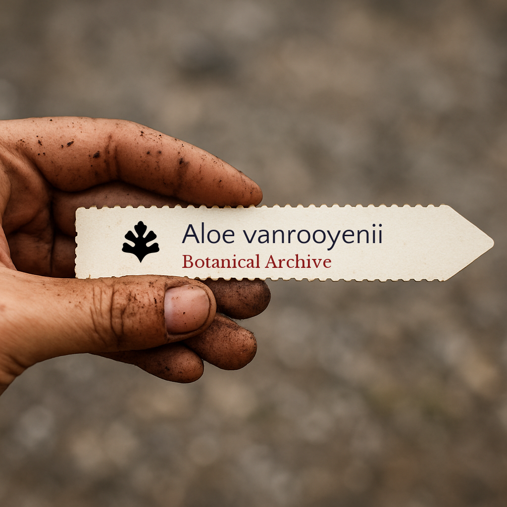 Printed plant label for Aloe vanrooyenii held by dirty hand outdoors