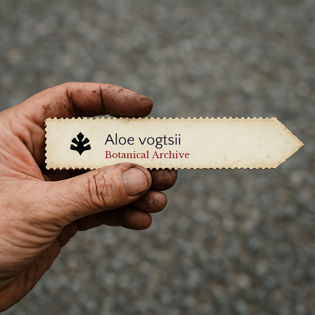 Etichetta della pianta stampata per Aloe vogtsii tenuta da una mano sporca con sfondo strutturato