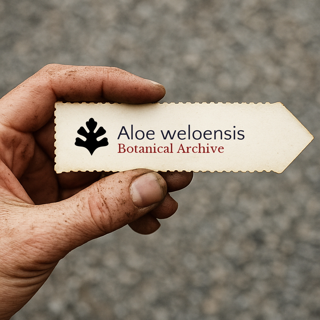 Printed plant label for Aloe weloensis Botanical Archive held in hand with dirt on fingers