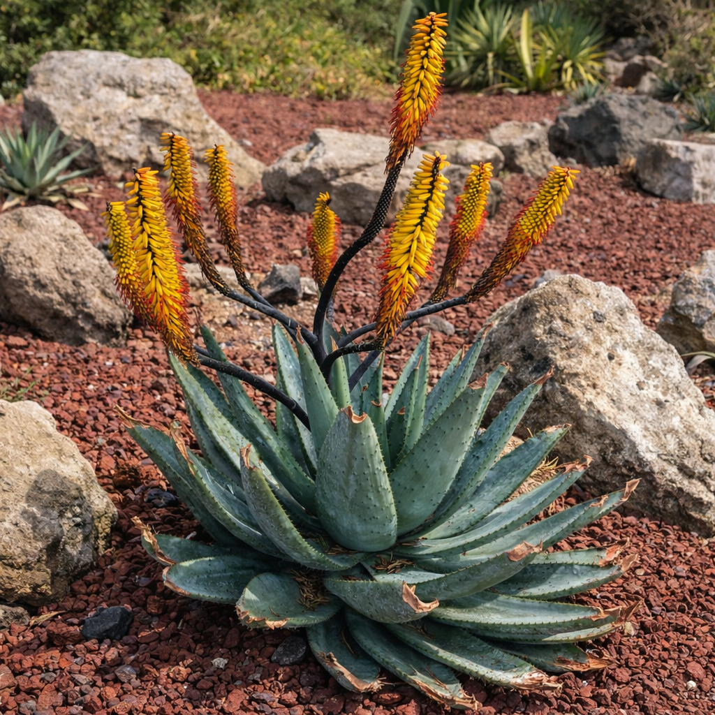 Aloe spectabilis succulenta con foglie verdi appuntite e alte spighe di fiori arancione-gialli in un giardino roccioso