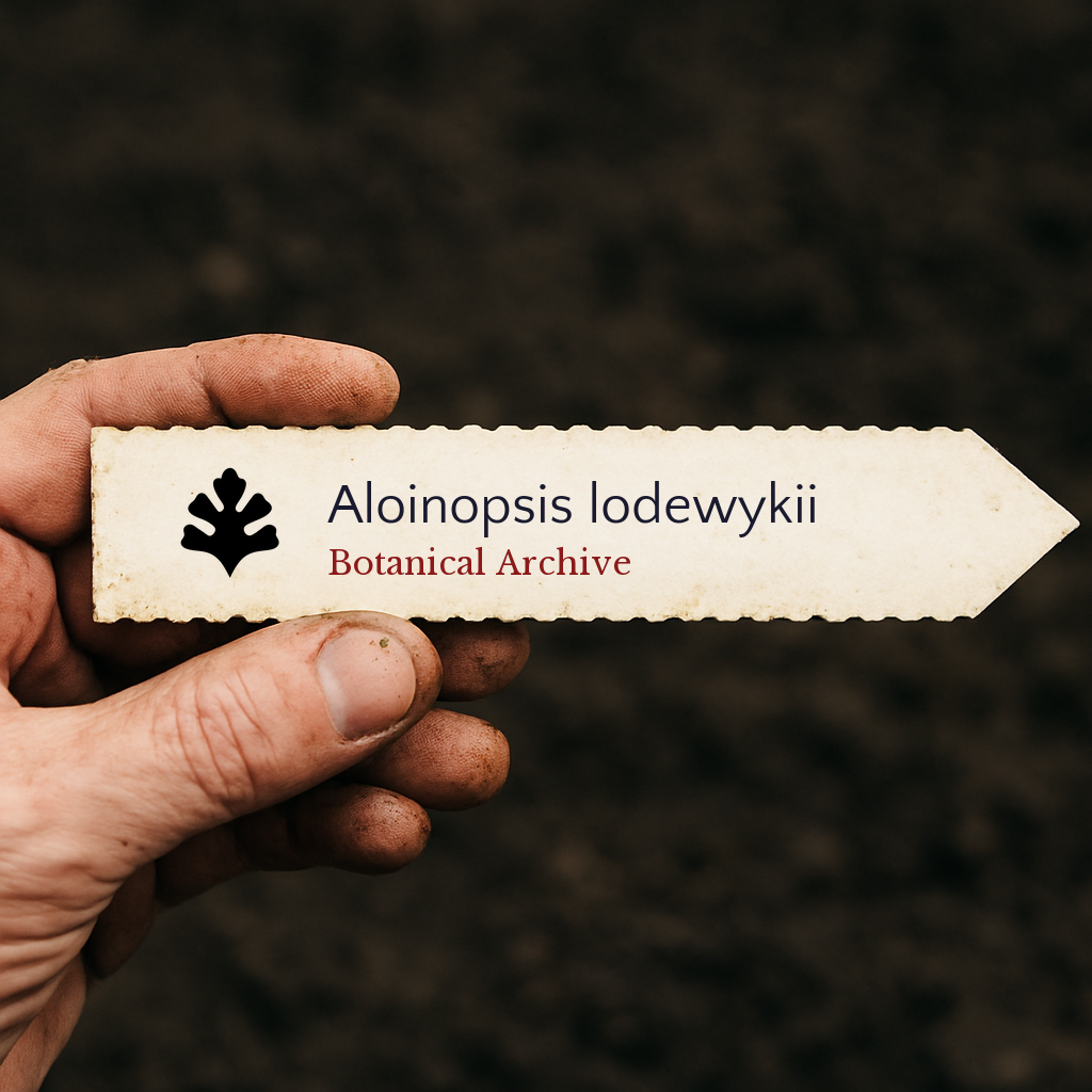Etichetta per pianta stampata per Aloinopsis lodewykii tenuta nella mano del giardiniere con sfondo di terreno