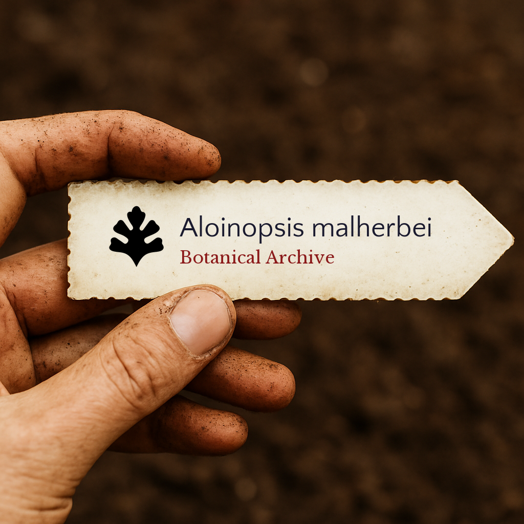 Etichetta per pianta stampata per Aloinopsis malherbei tenuta da mano sporca su sfondo di terreno