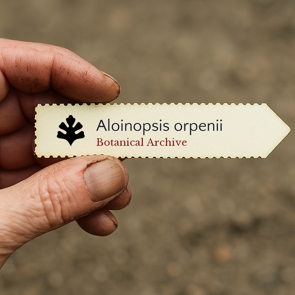 Etichetta per pianta stampata per Aloinopsis orpenii tenuta a mano con sfondo di terra