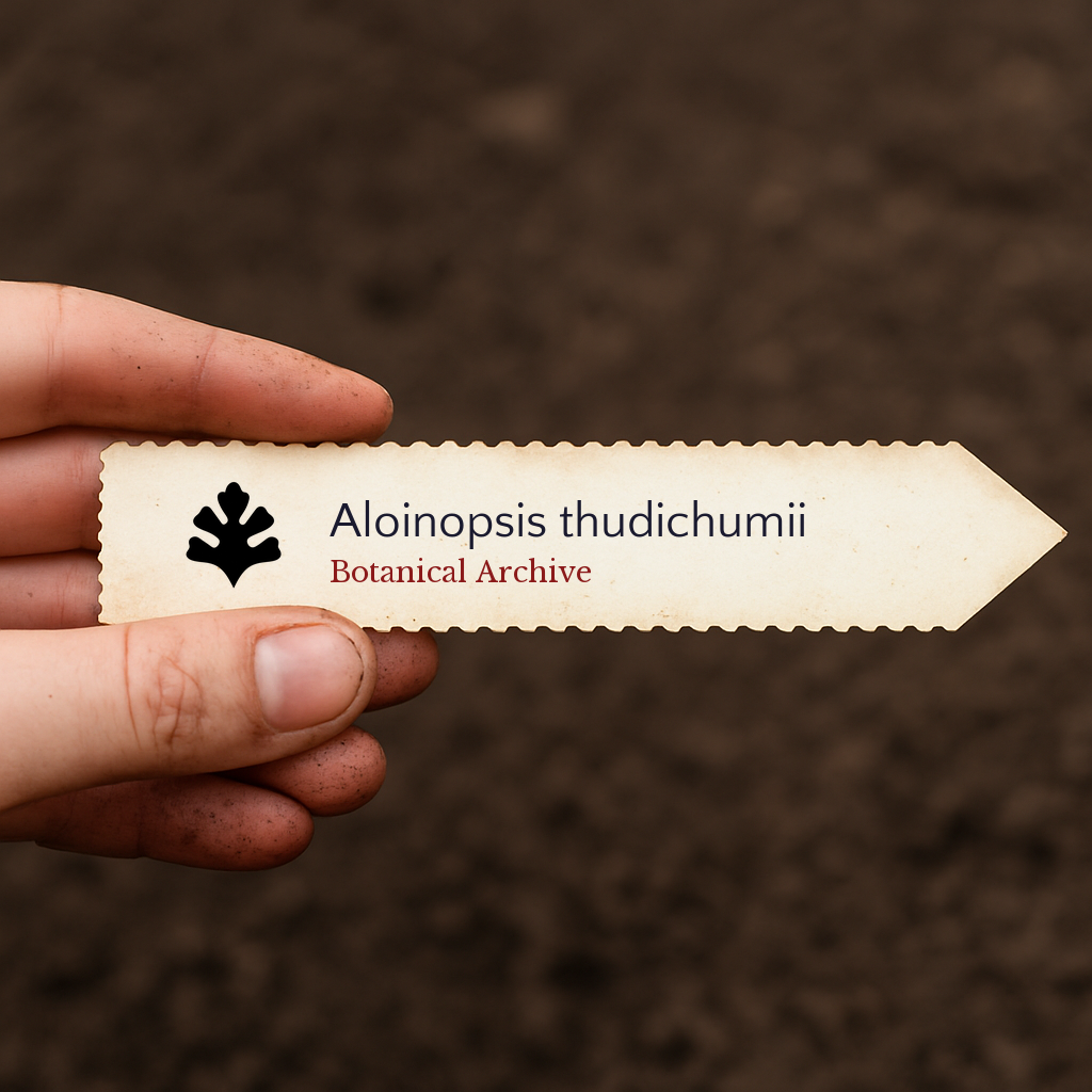 Printed plant label for Aloinopsis thudichumii held over soil background