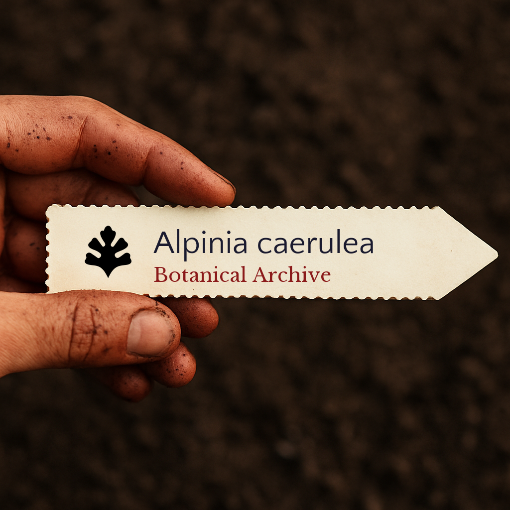 Etichetta della pianta stampata per Alpinia caerulea tenuta da mano sporca su sfondo di terreno
