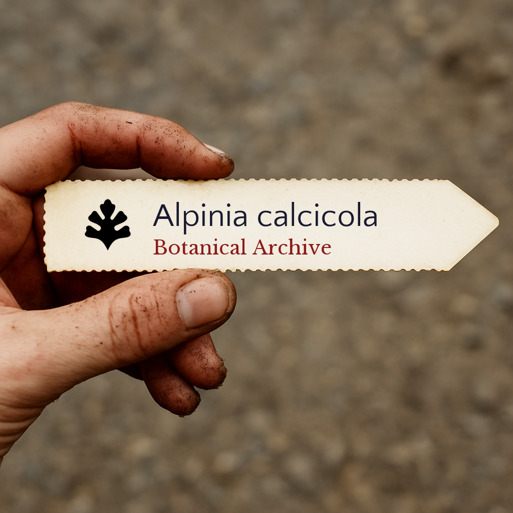 Etichetta per pianta stampata di Alpinia calcicola tenuta da una mano sporca all'aperto