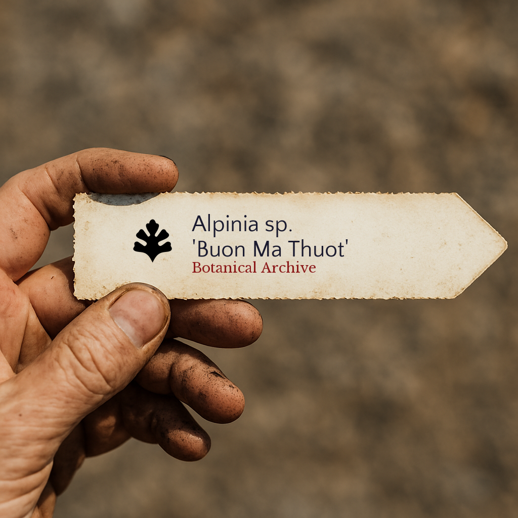 Printed plant label for Alpinia sp. 'Buon Ma Thuot' held by dirty hand outdoors