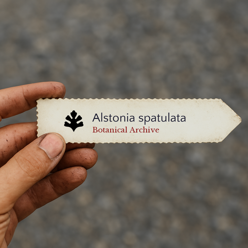 Etichetta vegetale stampata per Alstonia spatulata con il logo Botanical Archive tenuta a mano