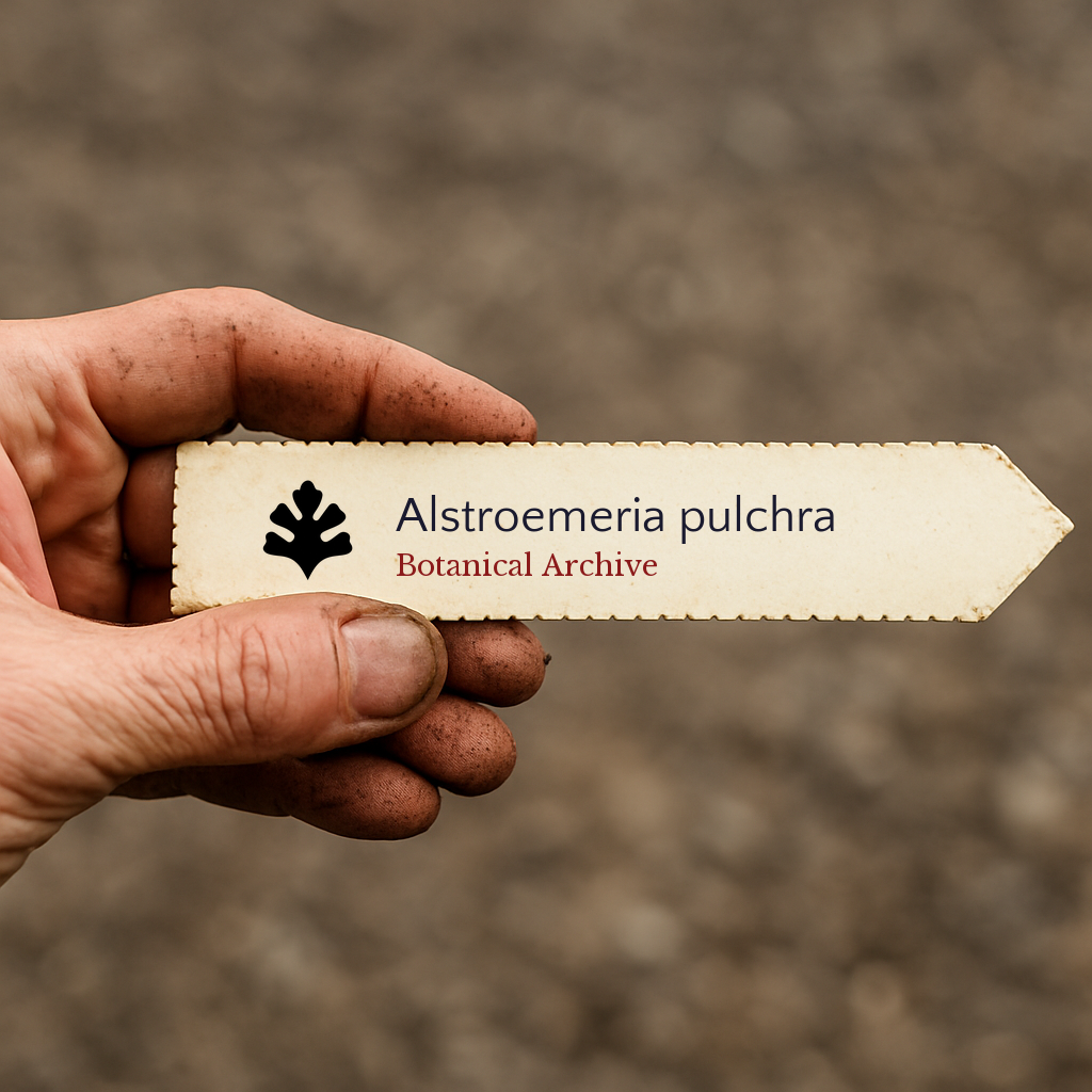 Etichetta stampata per pianta di Alstroemeria pulchra tenuta da mano sporca all'aperto