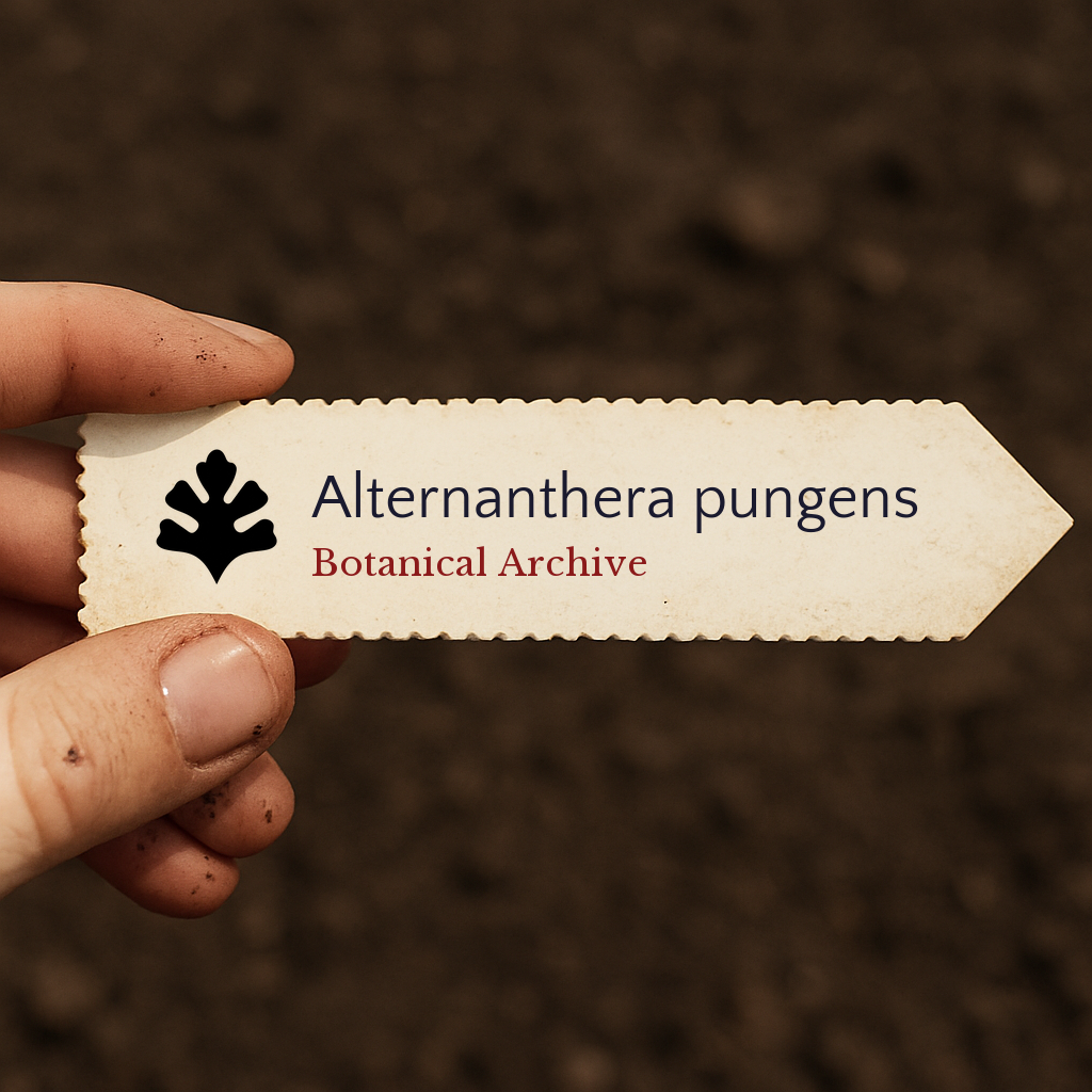 Printed plant label for Alternanthera pungens held over soil background