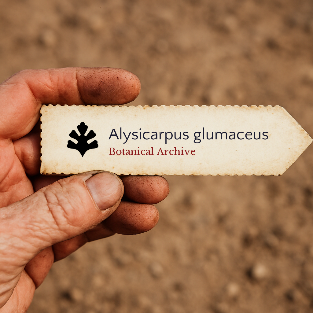 Handheld vintage botanical archive label for Alysicarpus glumaceus with dirt-stained fingers