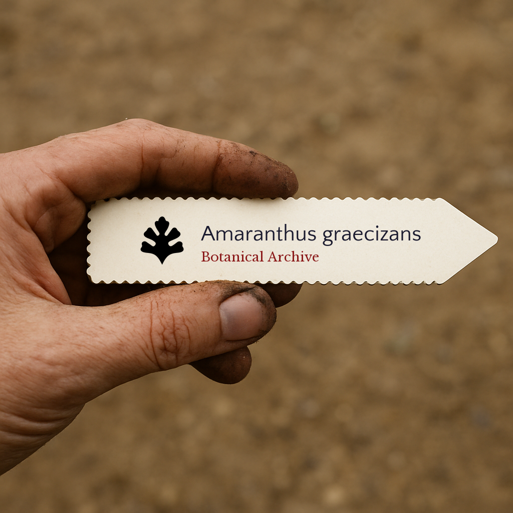Etichetta per pianta stampata per Amaranthus graecizans tenuta in mano con sfondo di terra