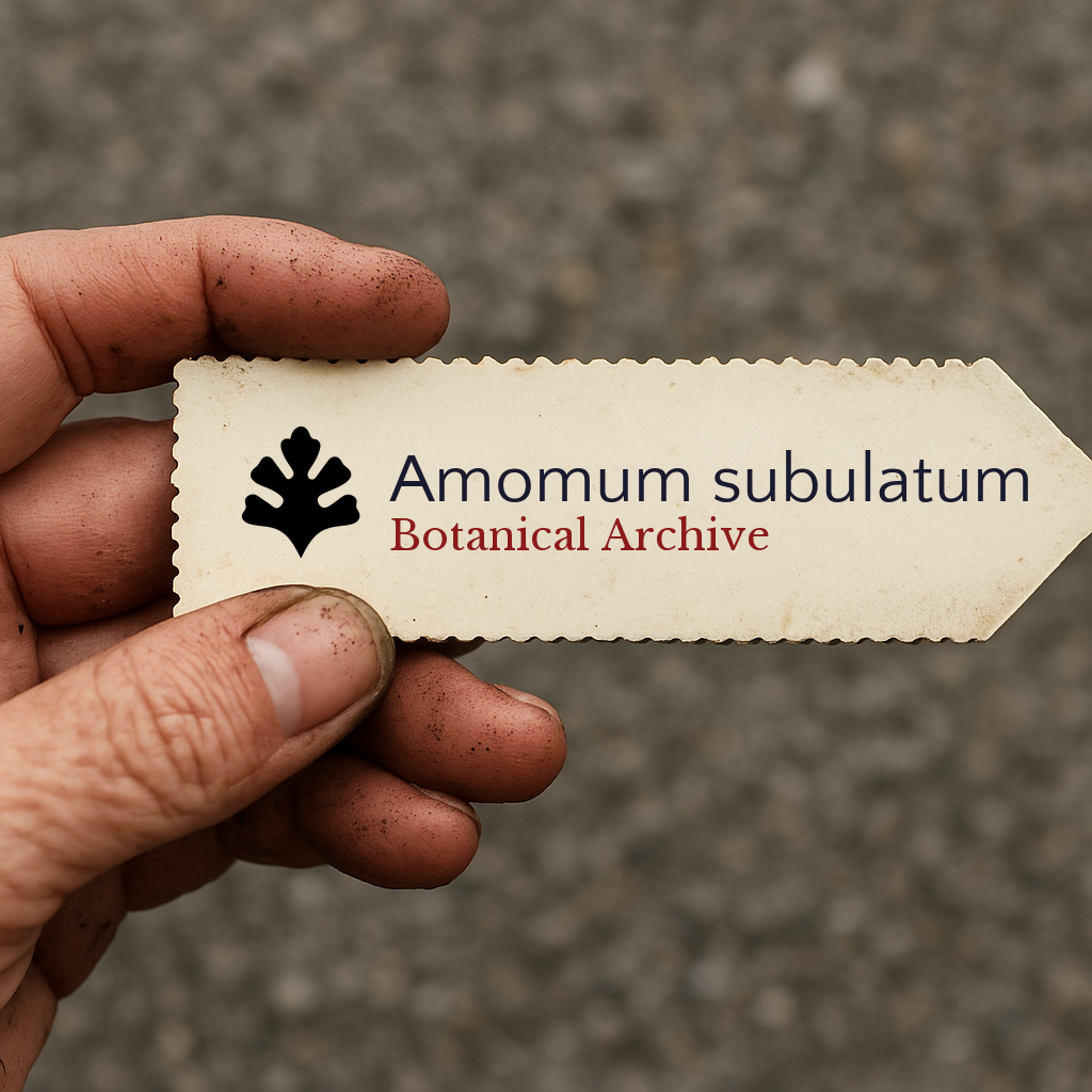 Etichetta botanica stampata per Amomum subulatum tenuta da mano sporca all'aperto