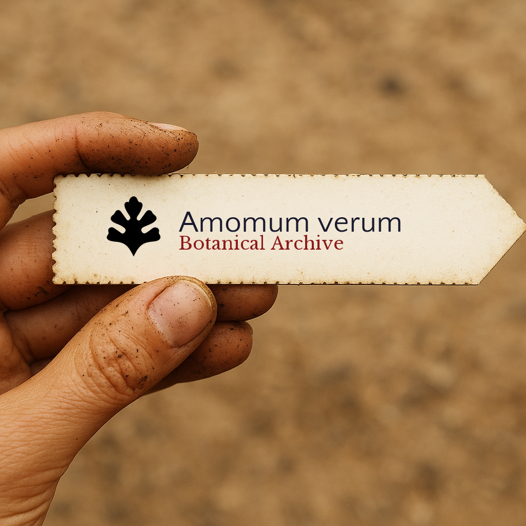 Printed botanical archive label for Amomum verum held by dirty hand outdoors