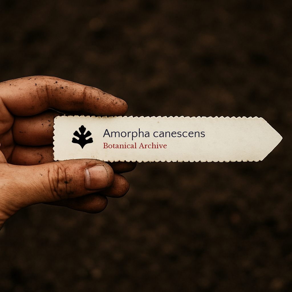 Printed plant label for Amorpha canescens held by dirty hand over soil background