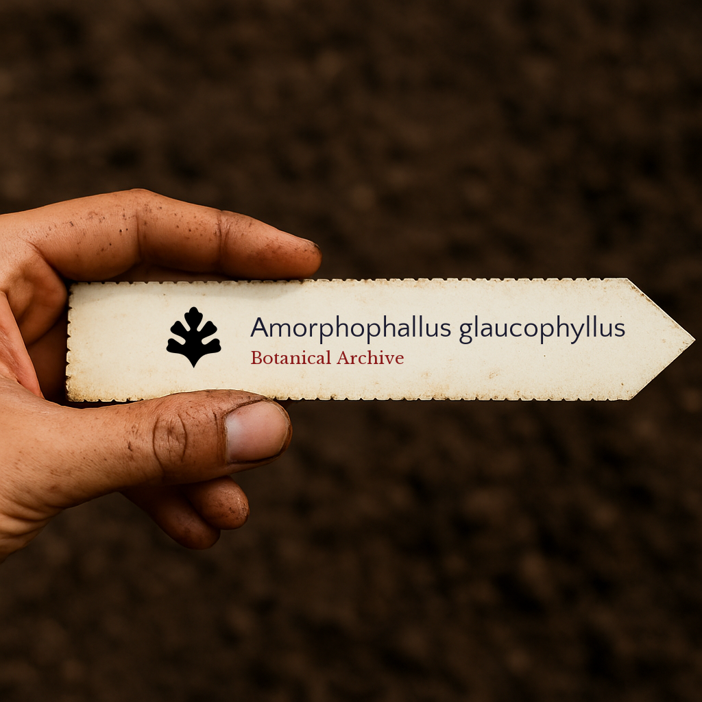 Printed plant label for Amorphophallus glaucophyllus held over soil background