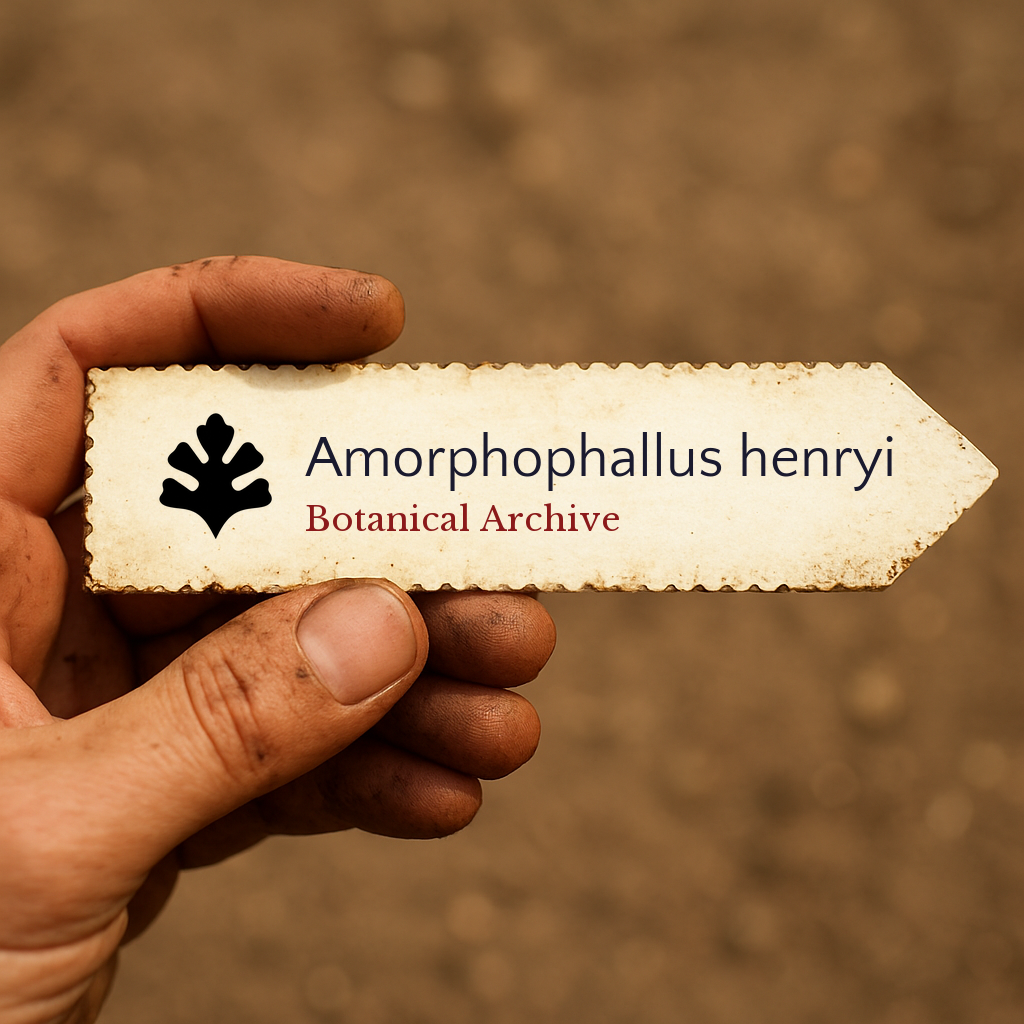 Printed plant label for Amorphophallus henryi held by hand with dirt background