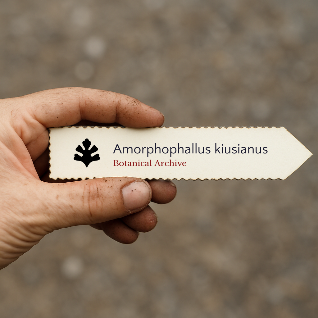 Printed plant label for Amorphophallus kiusianus held in dirty hand outdoors