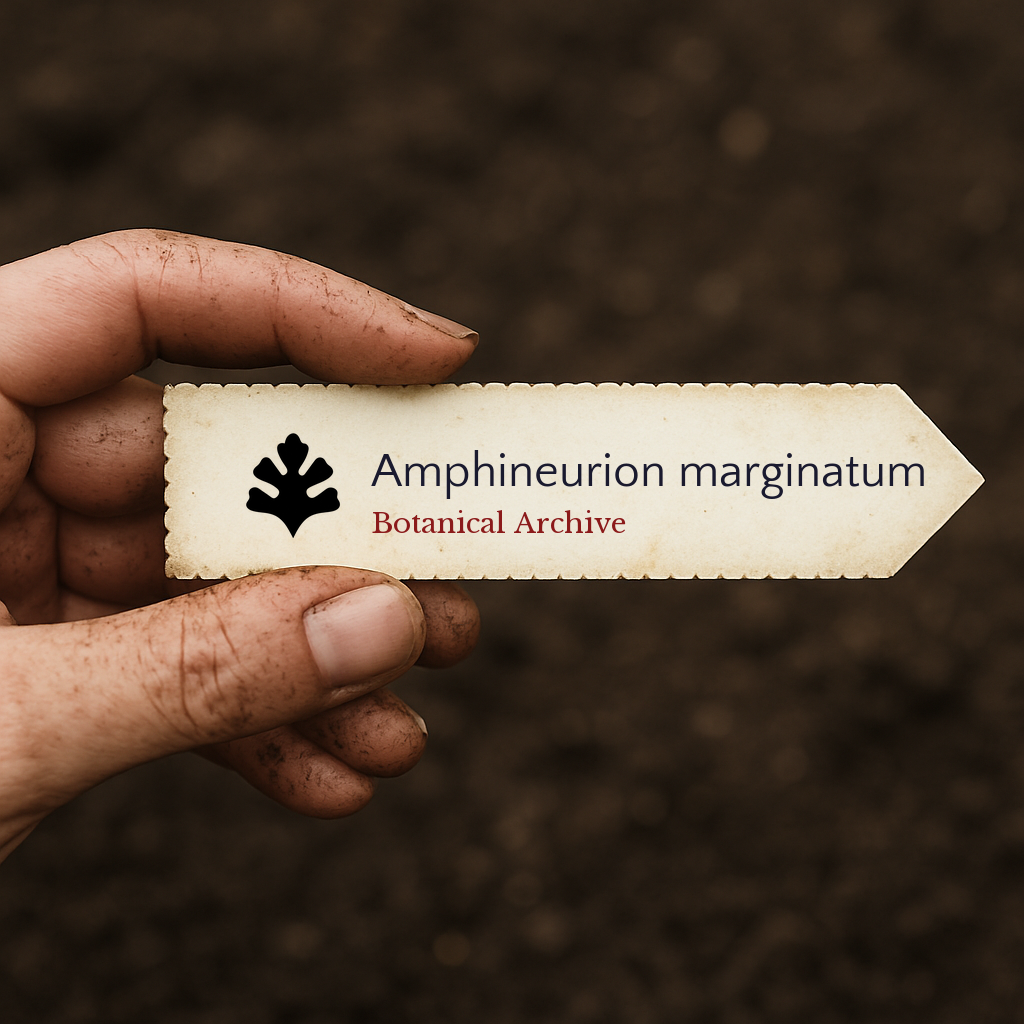 Etichetta stampata per pianta di Amphineurion marginatum tenuta da mano sporca su sfondo di terreno