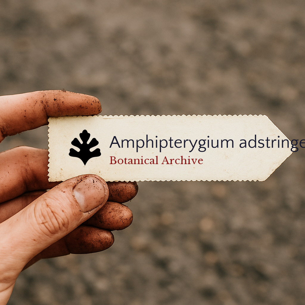 Etichetta per pianta stampata per Amphipterygium adstringens tenuta da mano sporca all'aperto
