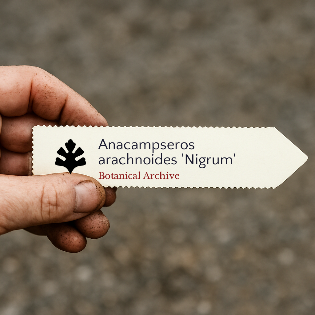 Etichetta stampata per pianta di Anacampseros arachnoides 'Nigrum' tenuta in mano con tracce di terra