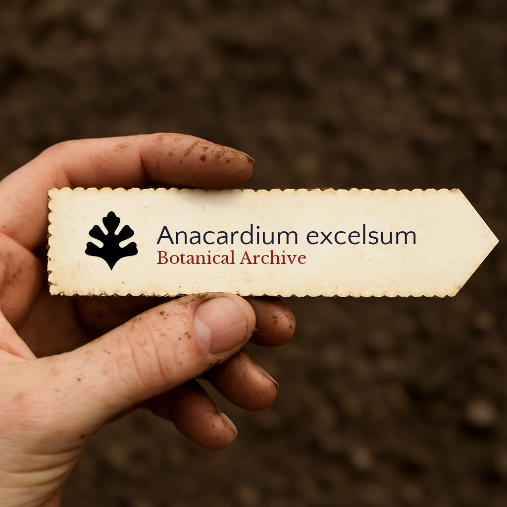 Etichetta stampata per pianta di Anacardium excelsum tenuta da una mano sporca su sfondo di terreno