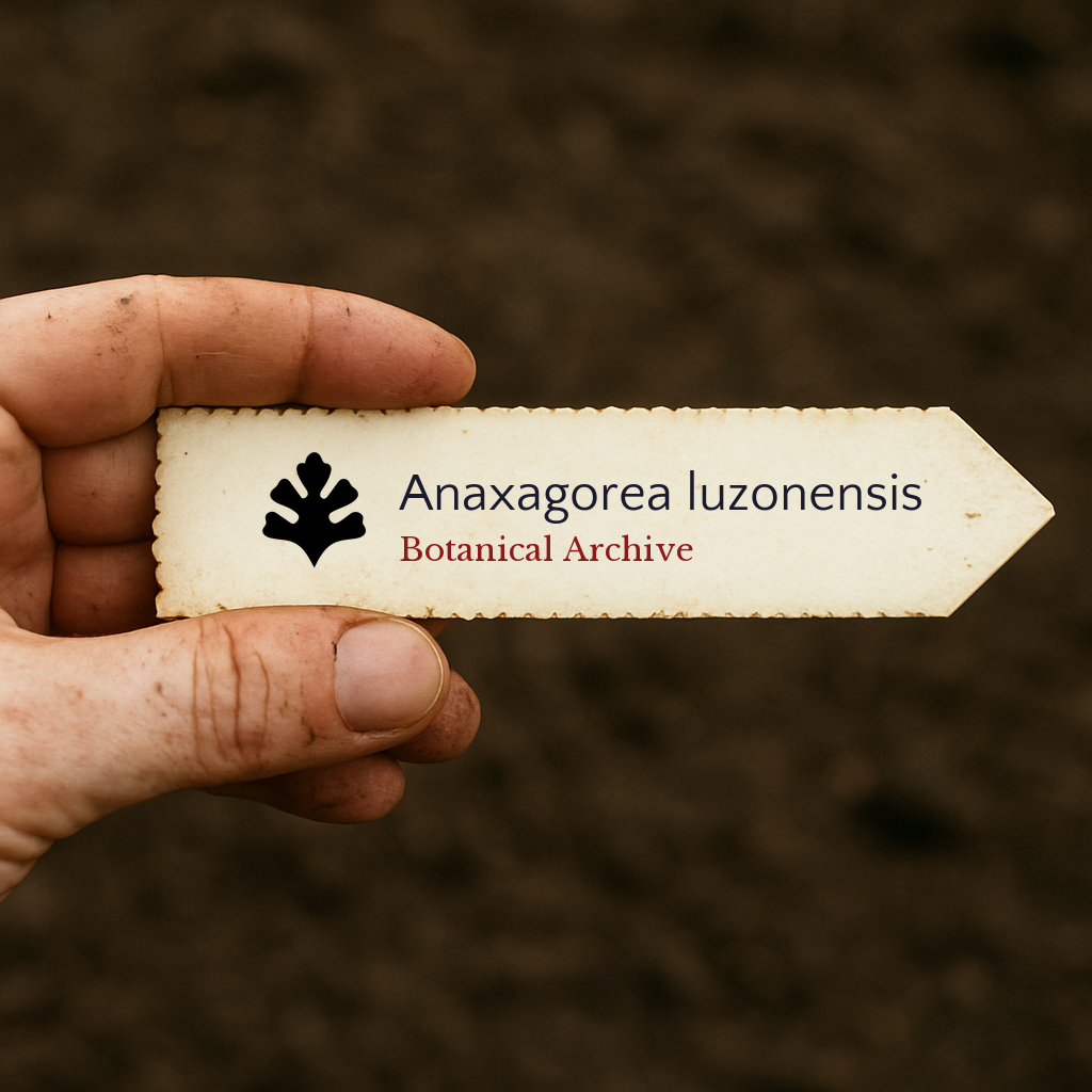 Etichetta d'archivio botanico vintage per Anaxagorea luzonensis tenuta in mano