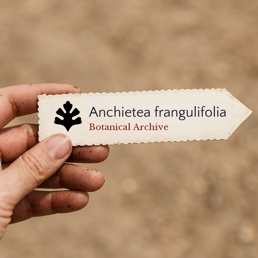 Printed plant label for Anchietea frangulifolia with botanical archive logo held by hand