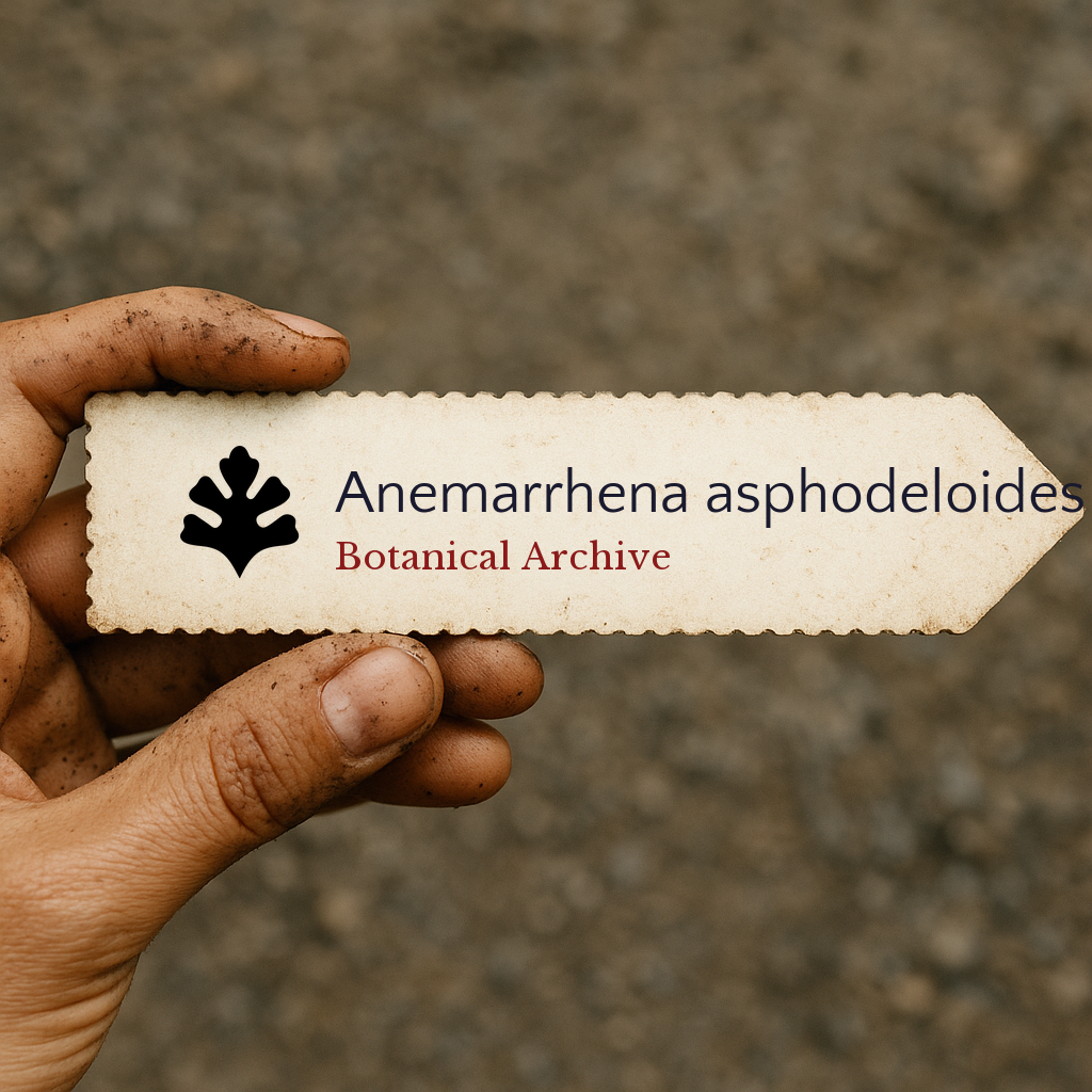 Handheld vintage botanical archive label for Anemarrhena asphodeloides plant identification